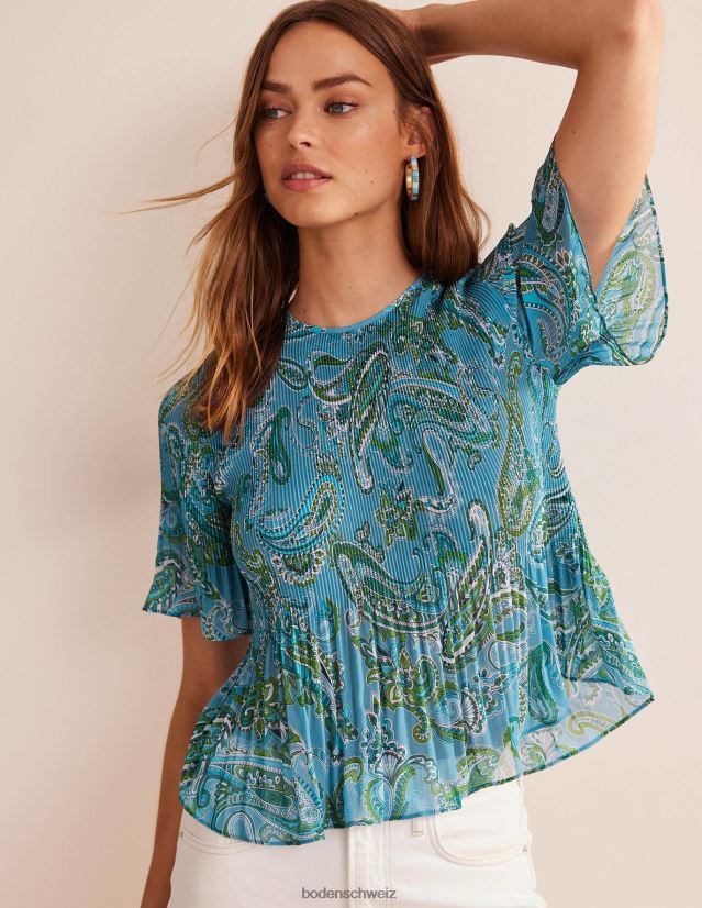 Boden Frauen Plissee-Oberteil mit Flatterärmeln VH86PT104 Kleidung Aegean Blue & Paradise Pop