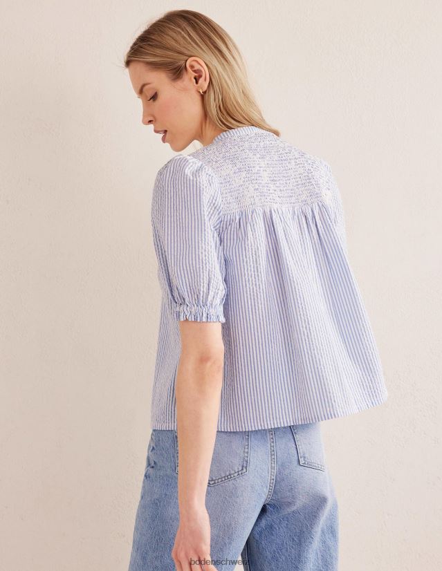 Boden Frauen Seersucker-Popover mit Puffärmeln VH86PT2268 Kleidung Seersucker aus Provence und Elfenbein