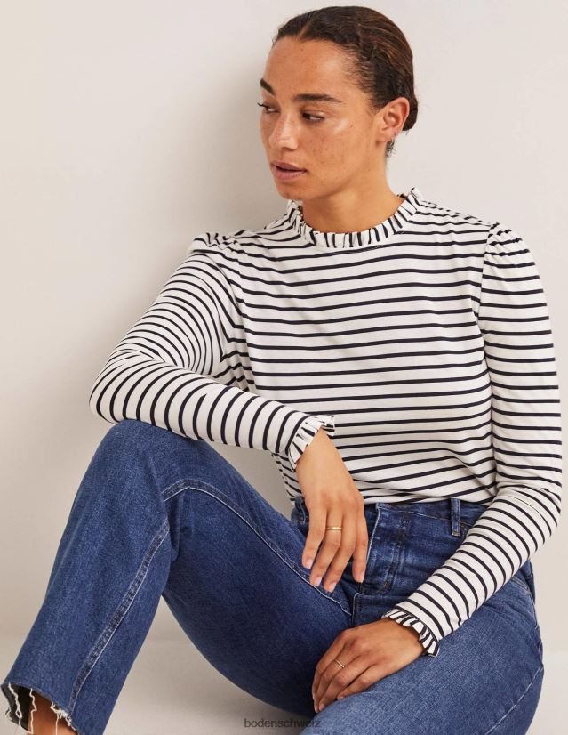 Boden Frauen Superweiches Oberteil mit Rüschendetail VH86PT139 Kleidung Elfenbein/Marineblau gestreift