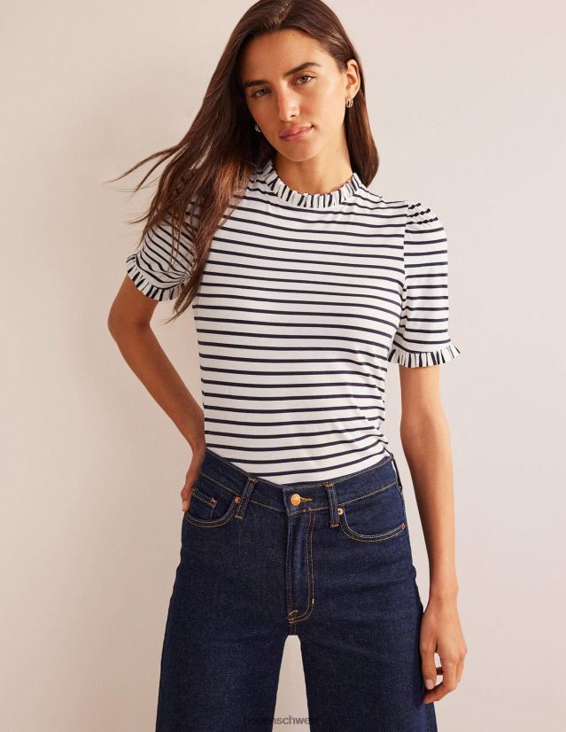 Boden Frauen Superweiches T-Shirt mit Rüschendetail VH86PT185 Kleidung Elfenbein und Marineblau