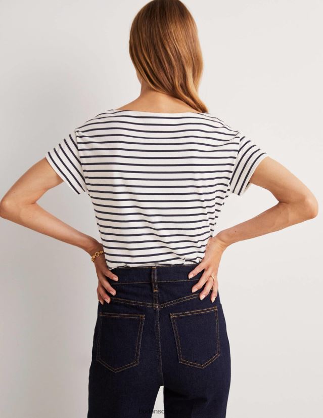 Boden Frauen Superweiches T-Shirt mit U-Boot-Ausschnitt VH86PT156 Kleidung Elfenbein/Marineblau gestreift