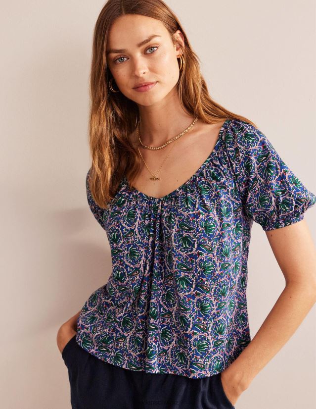 Boden Frauen Swing-Top aus Jersey mit V-Ausschnitt VH86PT108 Kleidung blaue Welle und botanische Rebe