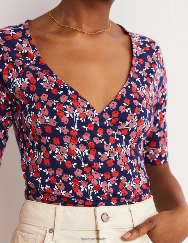 Boden Frauen Wickeloberteil mit kurzen Ärmeln VH86PT141 Kleidung Kirschrot und abstrakter Zweig