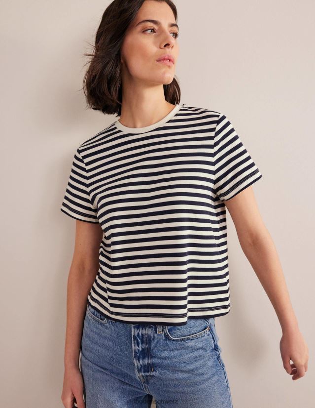 Boden Frauen perfektes, kurz geschnittenes T-Shirt aus Baumwolle VH86PT1833 Kleidung Elfenbein/Marineblau gestreift