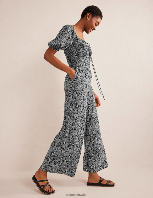 Boden Frauen Schlüsselloch-Jumpsuit mit Bindekragen VH86PT1334 Kleidung Schwarz-Paisley-Terrasse