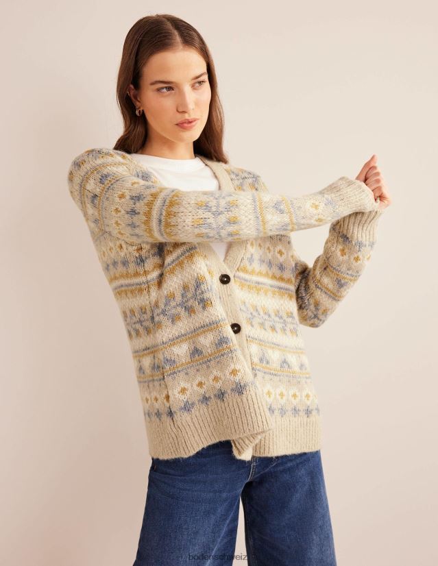 Boden Frauen Flauschiger Fair-Isle-Cardigan VH86PT1611 Kleidung Haferflocken-Melange-Fairisle