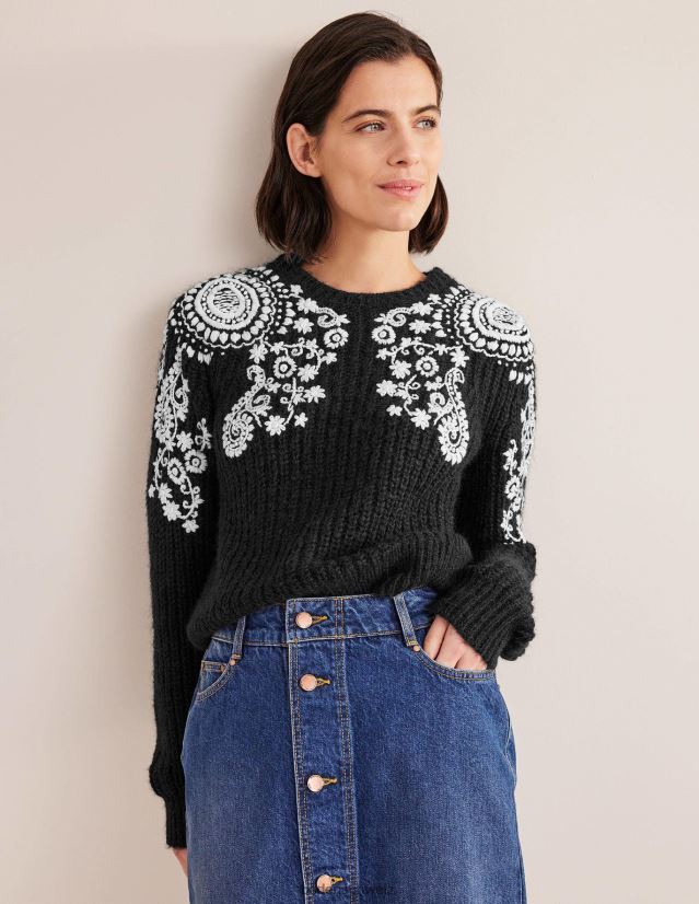 Boden Frauen Flauschiger Pullover mit Rippenstickerei VH86PT1931 Kleidung Stickerei in Schwarz und Elfenbein