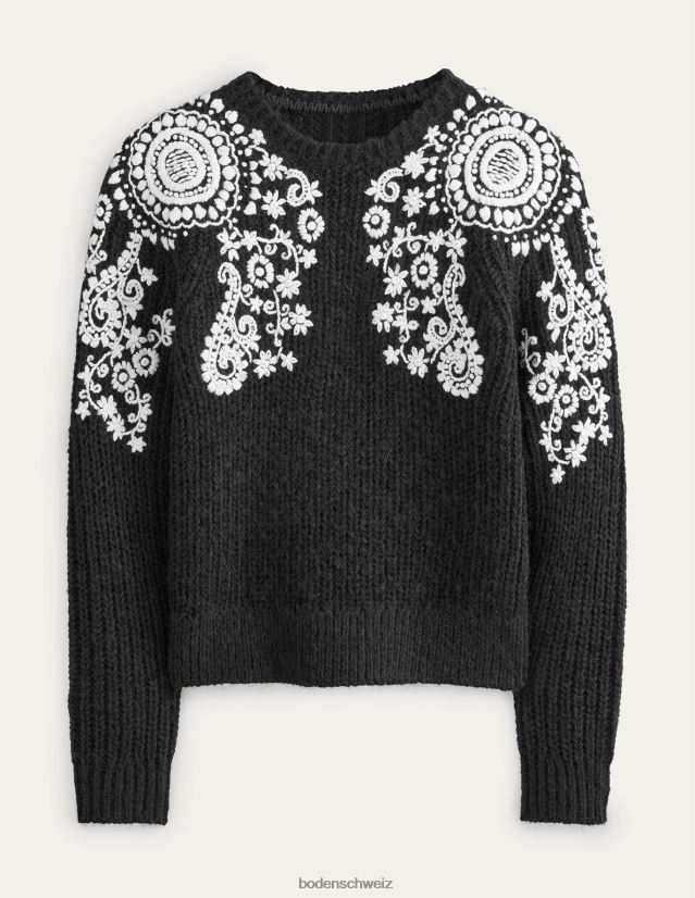 Boden Frauen Flauschiger Pullover mit Rippenstickerei VH86PT1931 Kleidung Stickerei in Schwarz und Elfenbein