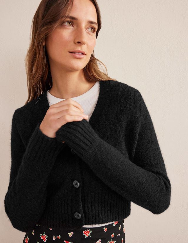 Boden Frauen Flauschiger, verkürzter Cardigan mit V-Ausschnitt VH86PT1609 Kleidung Schwarz