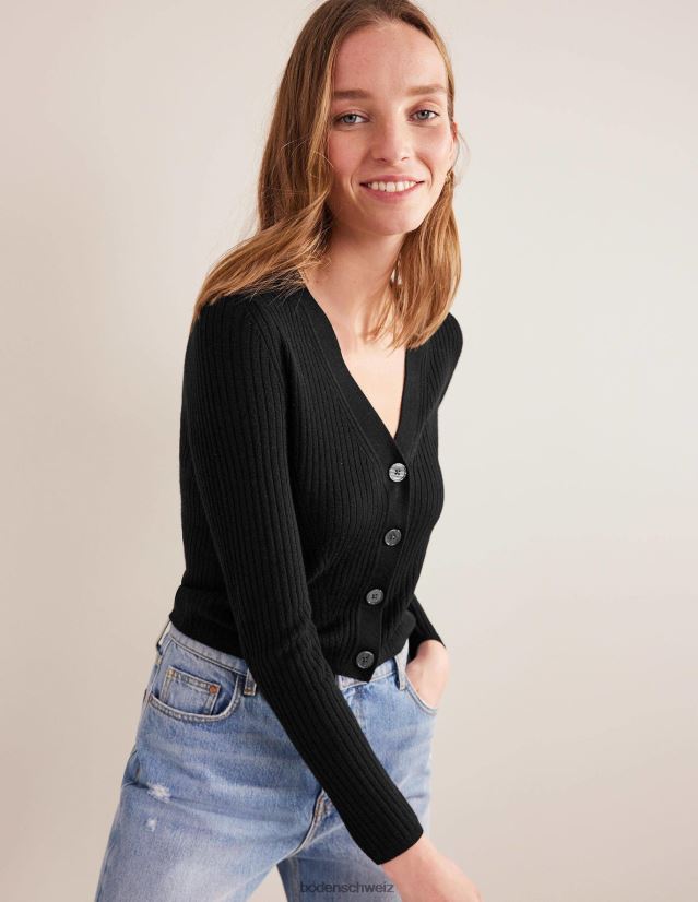 Boden Frauen Gerippter Cardigan aus Merinowolle VH86PT1291 Kleidung Schwarz