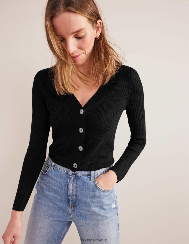 Boden Frauen Gerippter Cardigan aus Merinowolle VH86PT1291 Kleidung Schwarz