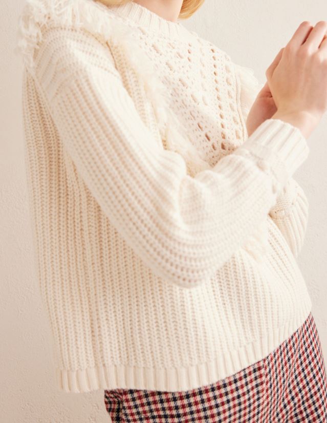 Boden Frauen Gerippter Pullover mit Fransen VH86PT2060 Kleidung warmes Elfenbein