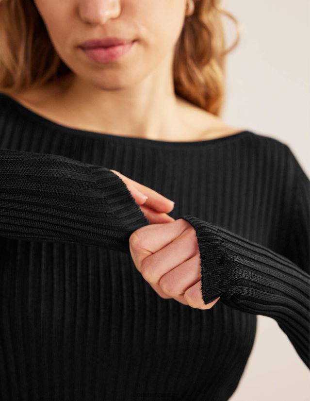Boden Frauen Gerippter Pullover mit Schlitzausschnitt VH86PT1476 Kleidung Schwarz
