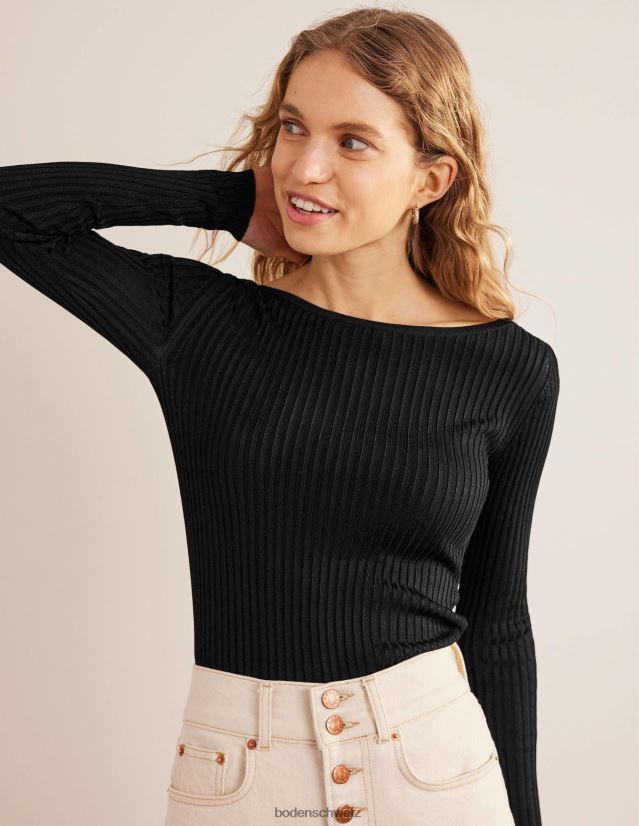 Boden Frauen Gerippter Pullover mit Schlitzausschnitt VH86PT1476 Kleidung Schwarz