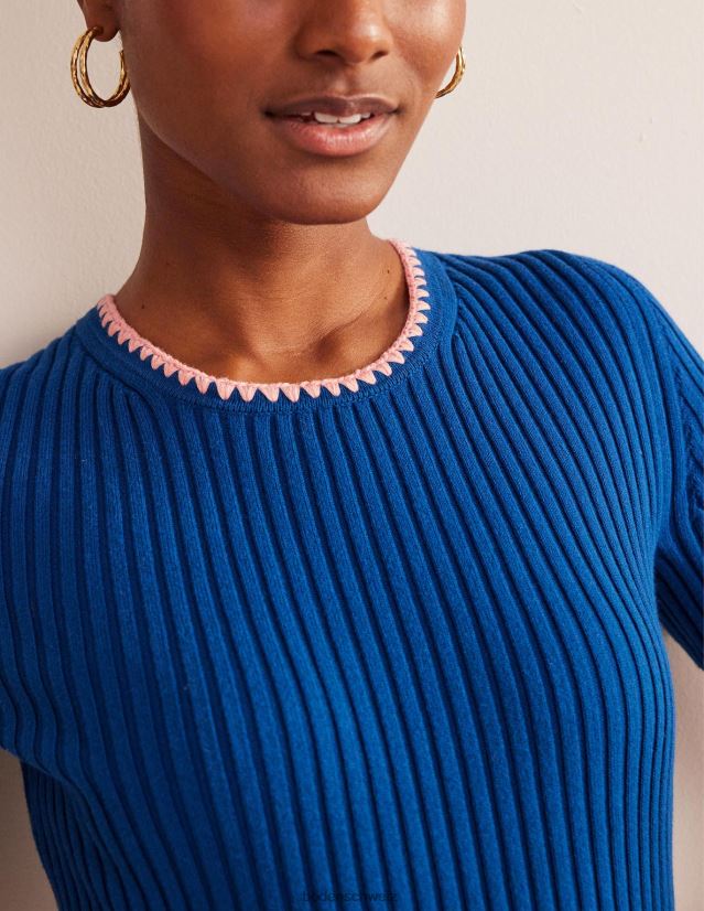 Boden Frauen Gestricktes T-Shirt mit Häkelbesatz VH86PT622 Kleidung Saphir