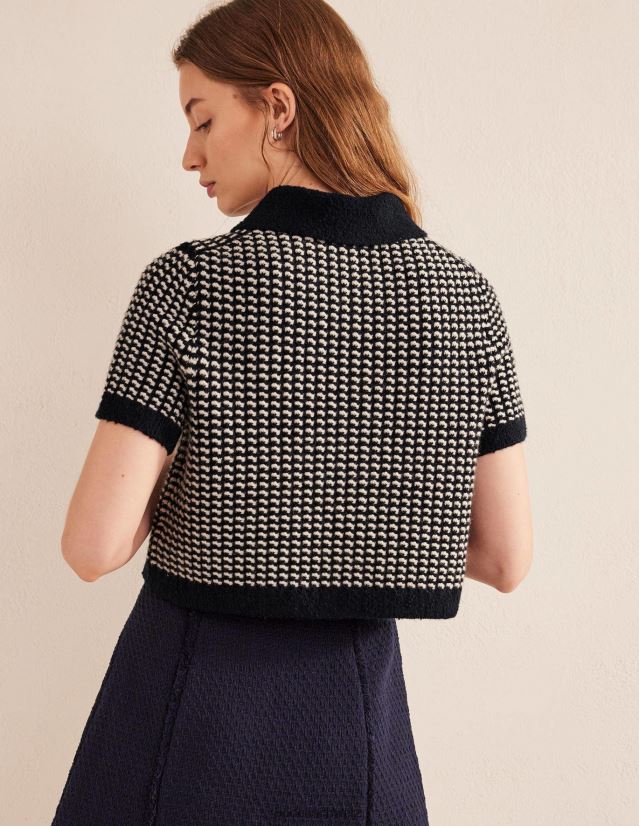 Boden Frauen Kurze Strickjacke mit kurzen Ärmeln VH86PT1508 Kleidung Marineblauer Geo-Jacquard