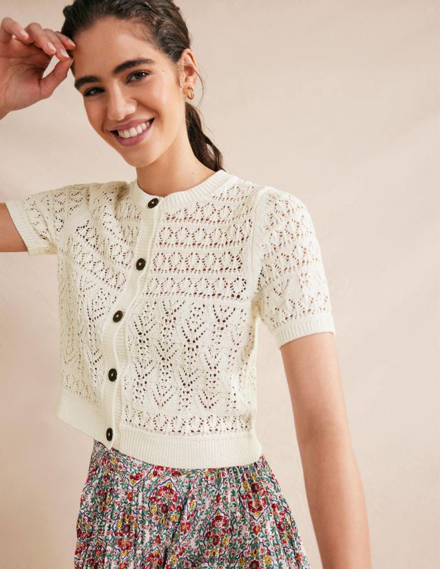 Boden Frauen Pointelle-Cardigan mit Rundhalsausschnitt VH86PT2106 Kleidung warmes Elfenbein