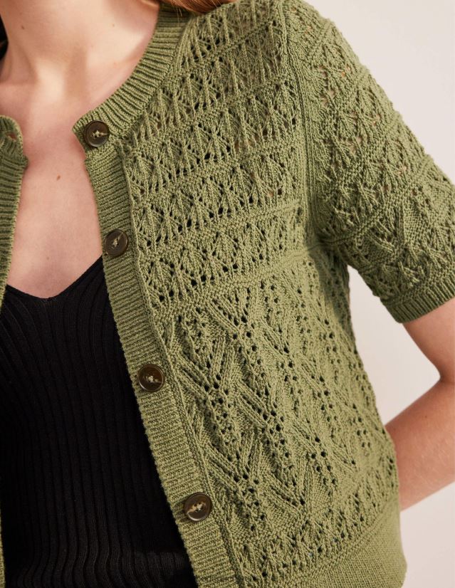 Boden Frauen Pointelle-Cardigan mit Rundhalsausschnitt VH86PT2114 Kleidung Fichtengrün