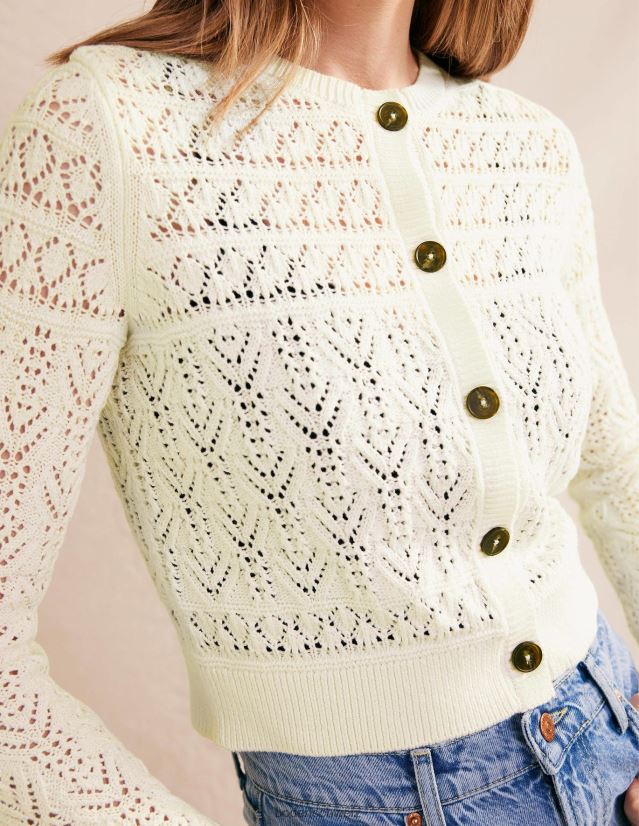 Boden Frauen Strickjacke aus Pointelle-Baumwolle VH86PT1418 Kleidung warmes Elfenbein