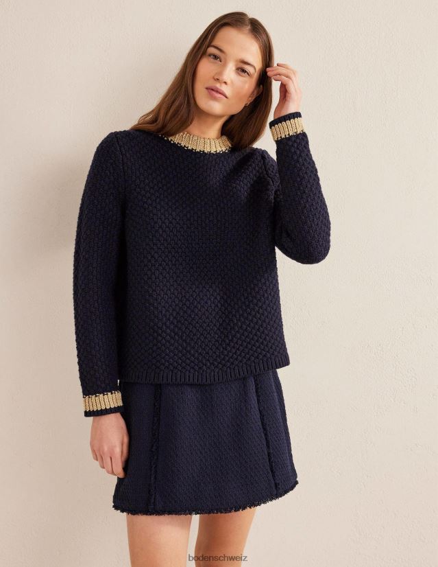 Boden Frauen Strukturierter grober Wollpullover VH86PT1490 Kleidung Marineblau und Gold