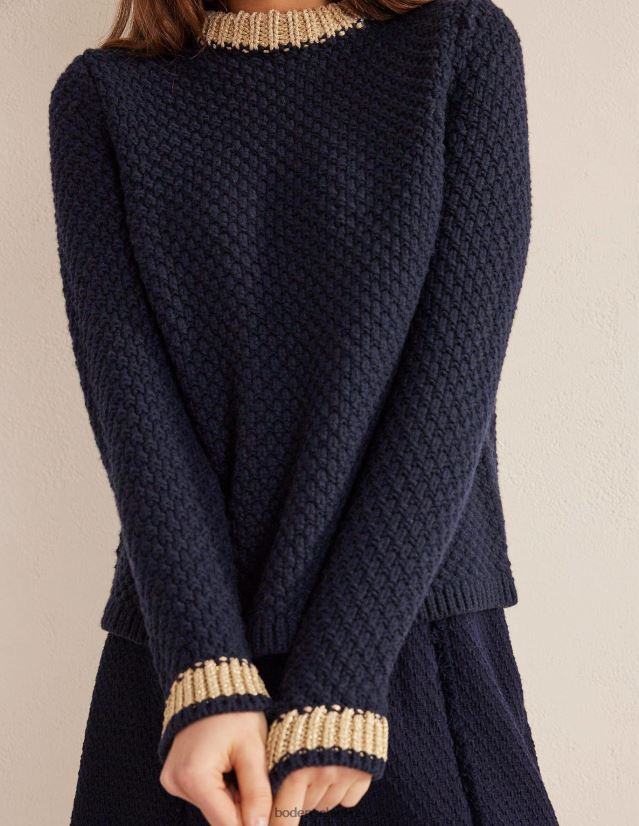 Boden Frauen Strukturierter grober Wollpullover VH86PT1490 Kleidung Marineblau und Gold