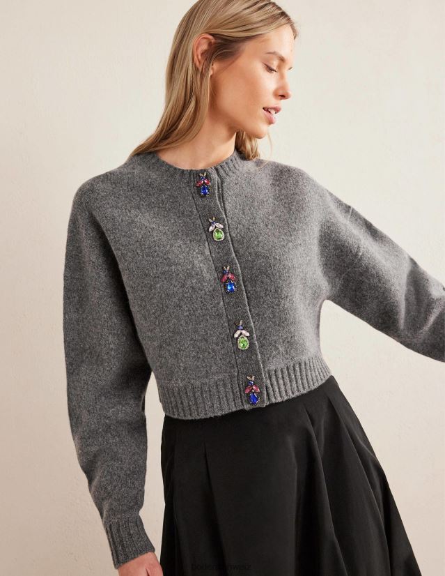 Boden Frauen Verzierter Cardigan mit Käfermotiv VH86PT1678 Kleidung dunkelgrau meliert