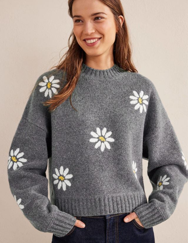 Boden Frauen Verzierter Wollpullover VH86PT1269 Kleidung dunkelgrau meliert