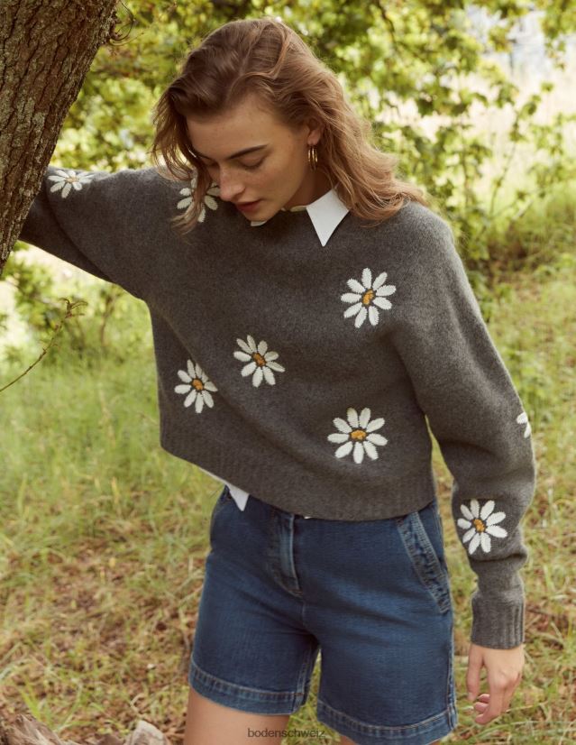 Boden Frauen Verzierter Wollpullover VH86PT1269 Kleidung dunkelgrau meliert