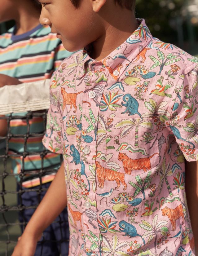 Boden Jungen Baumwoll-Leinen-Hemd VH86PT850 Kleidung Kamee rosa tropischer Garten