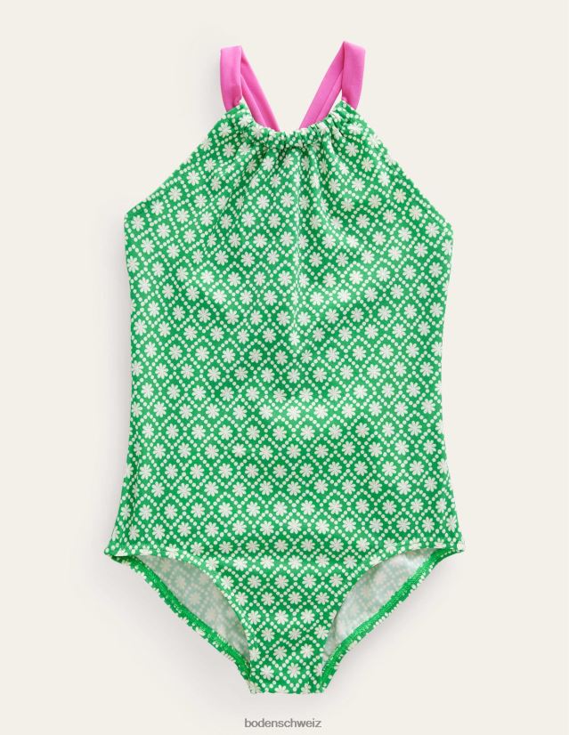 Boden Mädchen Badeanzug mit Schleife hinten VH86PT2998 Kleidung Elfenbeinschulgrüner Gänseblümchenpunkt
