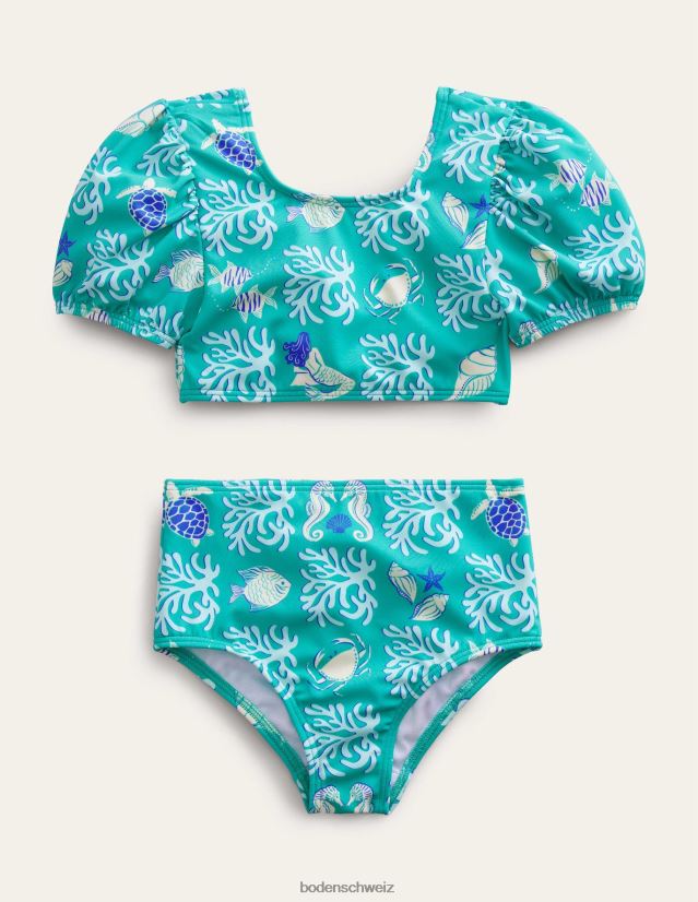 Boden Mädchen Bikini mit Puffärmeln VH86PT2902 Kleidung tropische Frühlingslagune
