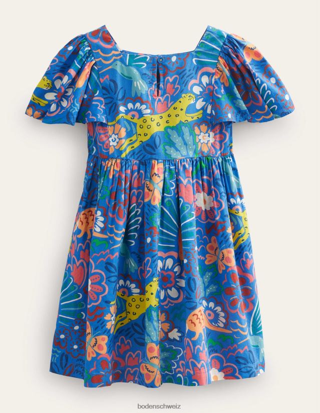 Boden Mädchen Bedrucktes Kleid mit Flatterärmeln VH86PT2798 Kleidung blaue Blumentiere
