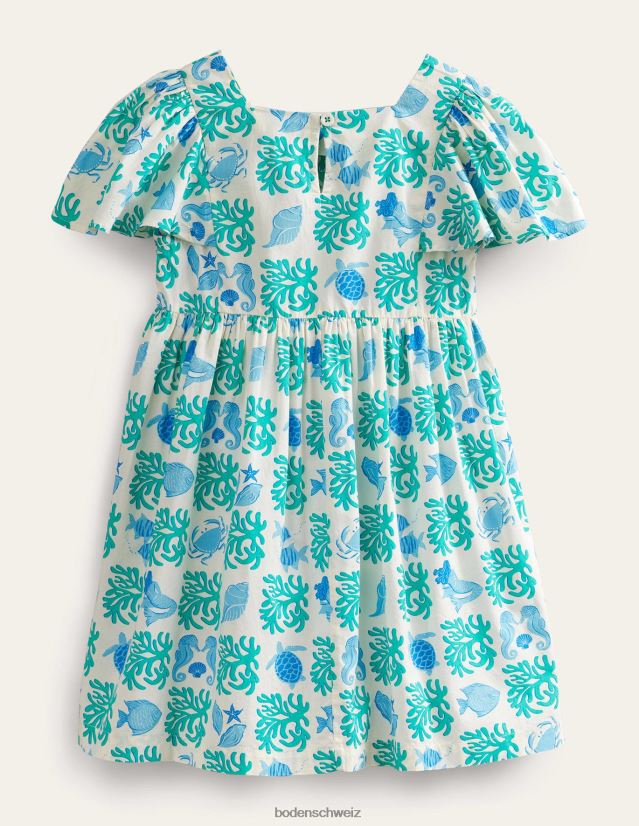 Boden Mädchen Bedrucktes Kleid mit Flatterärmeln VH86PT3227 Kleidung Aqua-Lagune