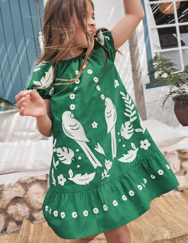 Boden Mädchen Kleid mit Puffärmeln und Stickereien VH86PT3158 Kleidung grüne Paprikavögel