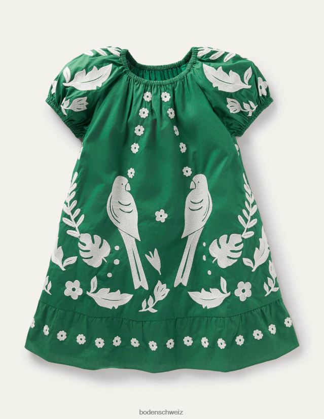 Boden Mädchen Kleid mit Puffärmeln und Stickereien VH86PT3158 Kleidung grüne Paprikavögel