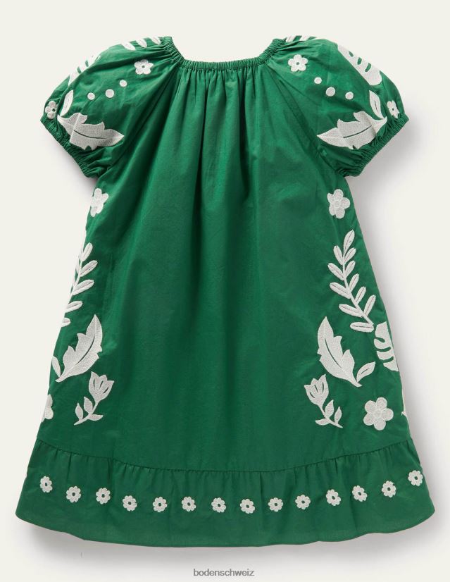 Boden Mädchen Kleid mit Puffärmeln und Stickereien VH86PT3158 Kleidung grüne Paprikavögel