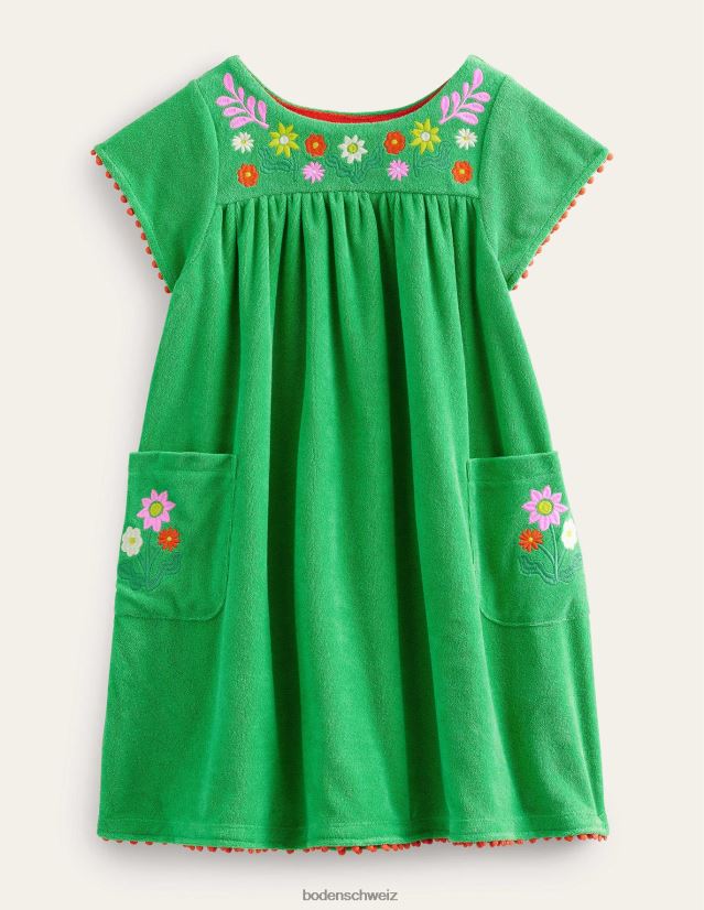 Boden Mädchen besticktes Frotteekleid VH86PT2973 Kleidung Aloe grüne Blüten