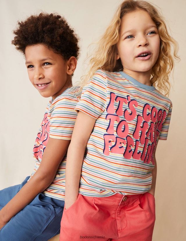 Boden Mädchen Gestreiftes T-Shirt mit Slogan VH86PT3061 Kleidung Multi-Regenbogen