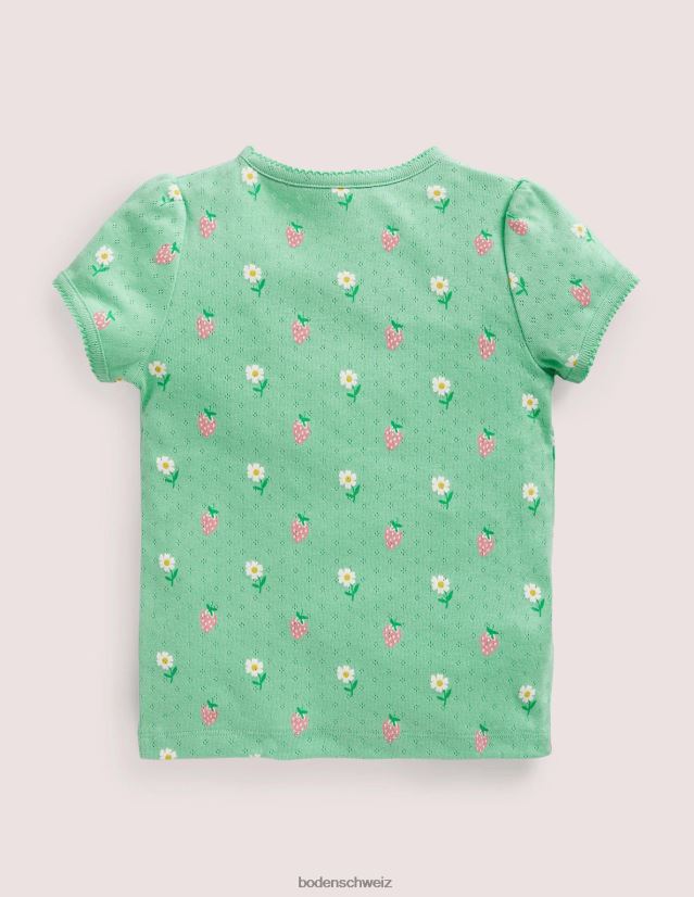 Boden Mädchen Kurzarm-Pointelle-Oberteil VH86PT3159 Kleidung grüne Gänseblümchen/Erdbeeren