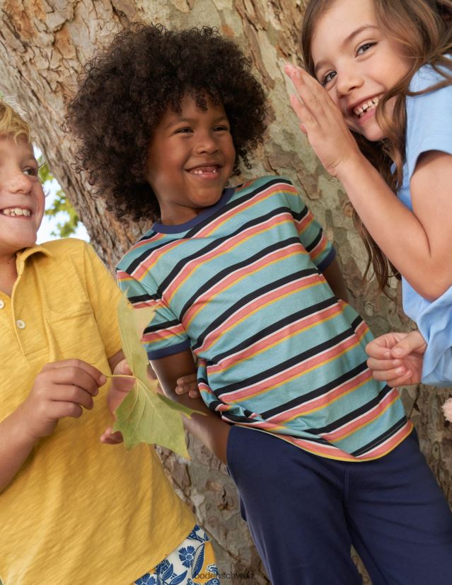 Boden Mädchen Ringer-T-Shirt mit Retro-Streifen VH86PT3030 Kleidung Aqua Meerblau/Multi