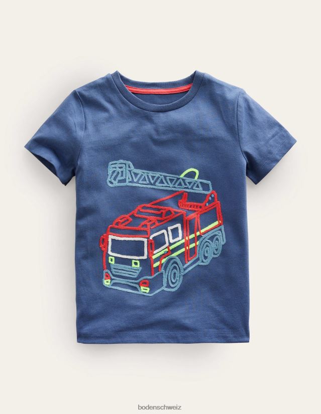 Boden Mädchen T-Shirt mit Kettenstich-Logo VH86PT3025 Kleidung Roboter blaues Feuerwehrauto