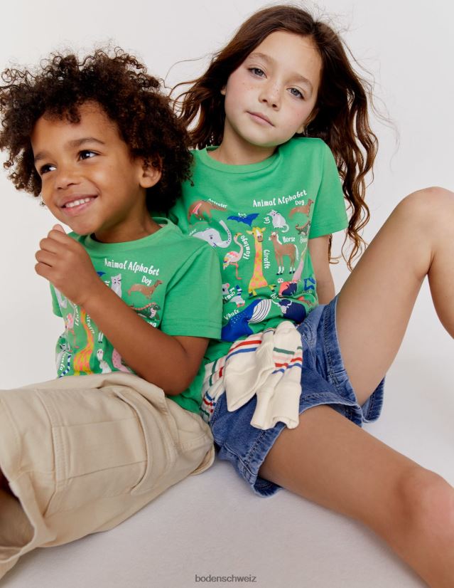 Boden Mädchen T-Shirt zur Tiererziehung VH86PT3128 Kleidung Aloe grünes Tieralphabet