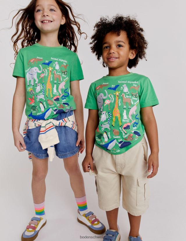 Boden Mädchen T-Shirt zur Tiererziehung VH86PT3128 Kleidung Aloe grünes Tieralphabet