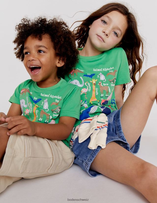 Boden Mädchen T-Shirt zur Tiererziehung VH86PT3128 Kleidung Aloe grünes Tieralphabet