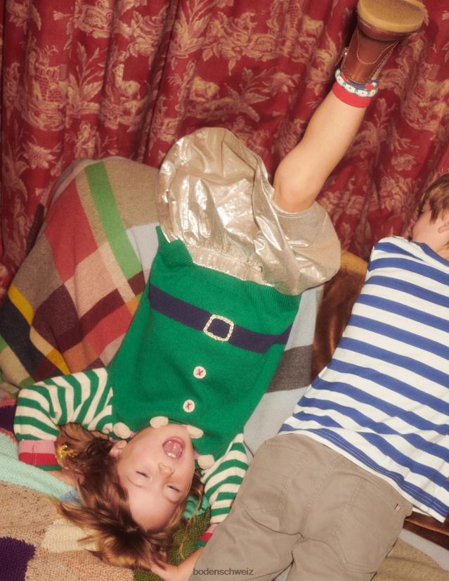 Boden Mädchen Gestreifter Weihnachtspullover mit Elfenbommel VH86PT3137 Kleidung grüner Pfeffer-Elf