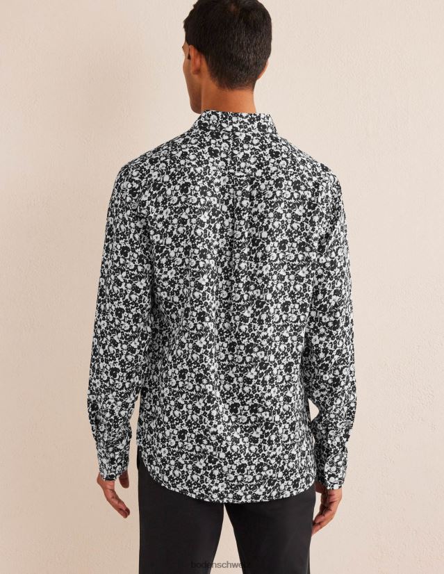 Boden Männer Leinenhemd mit Cutaway-Kragen VH86PT3524 Kleidung schwarz und ecru geblümt