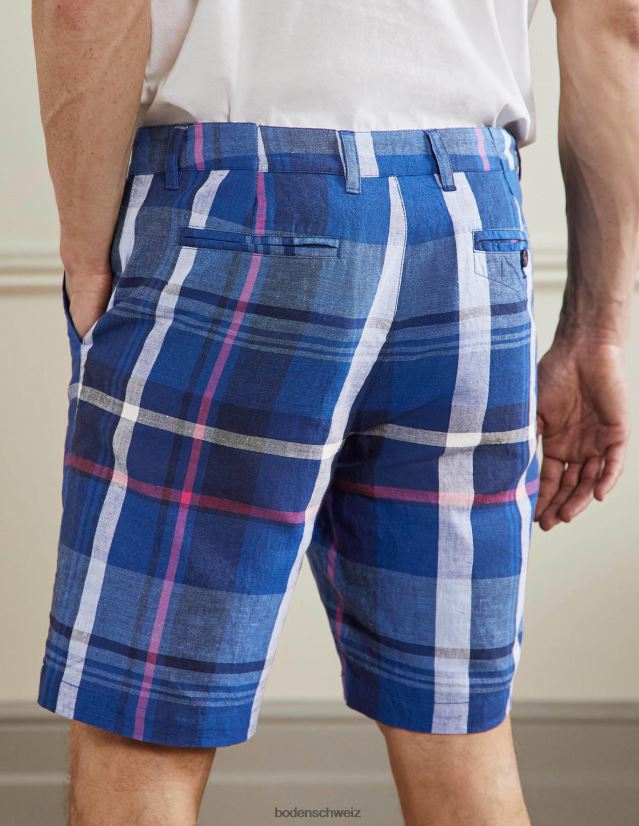 Boden Männer Baumwoll-Leinen-Shorts VH86PT3563 Kleidung Blauer Scheck des Präsidenten