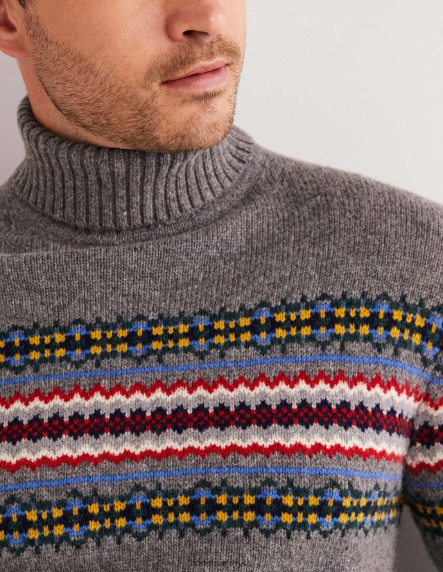 Boden Männer Rollkragenpullover mit Fair-Isle-Muster VH86PT3537 Kleidung Grau meliert, Fair Isle